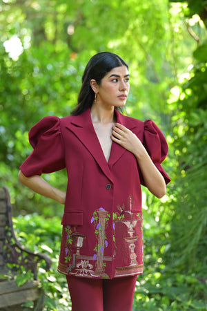 Maroon Embroidered Pant Suit