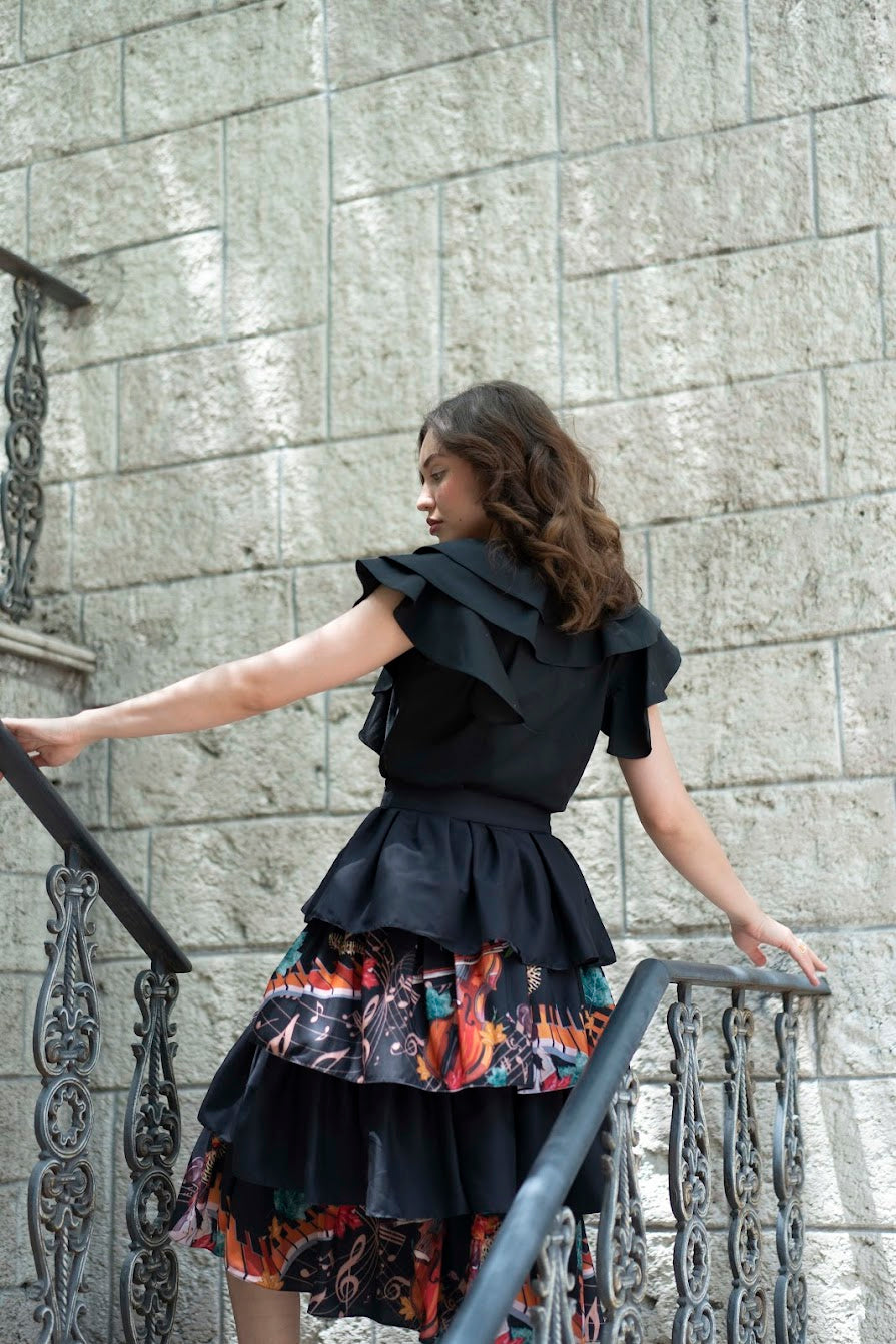 Black piano print multilayer skirt set