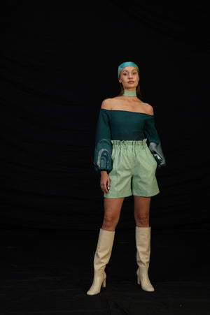 Teal and mint off shoulder archway pullover with paper bag faux leather shorts