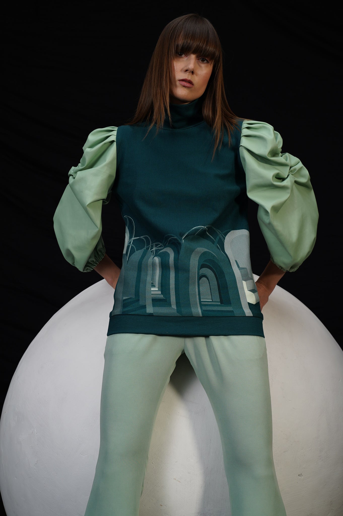 Teal And Mint Archway Pullover With Mint Faux Leather Sleeves Set