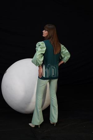 Teal And Mint Archway Pullover With Mint Faux Leather Sleeves Set