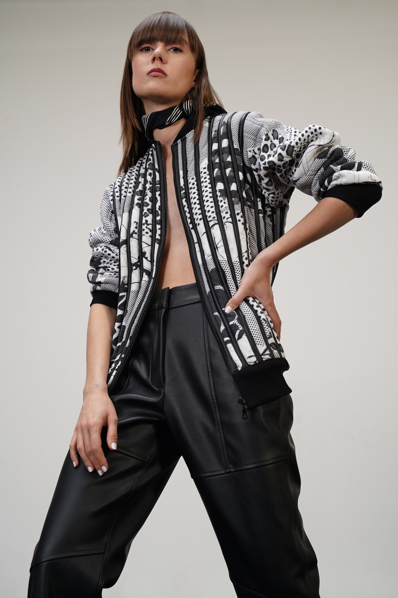 Black And White Collage Of Notions Leather Striped Bomber Set