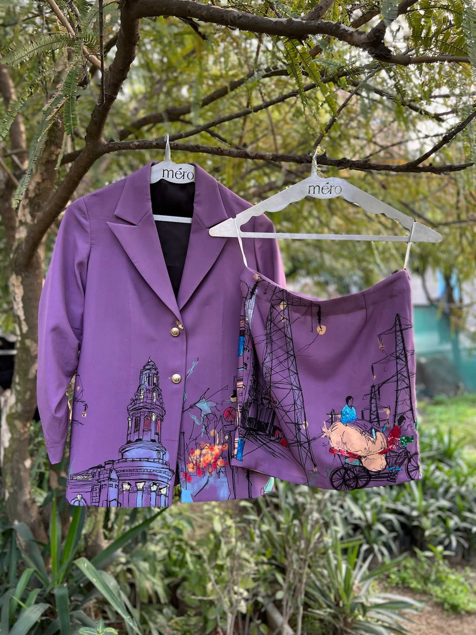 Purple Print & Embellished Skirt Suit