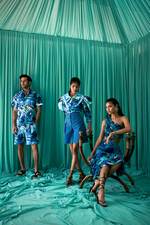 Blue Tropical Flora Print Dress