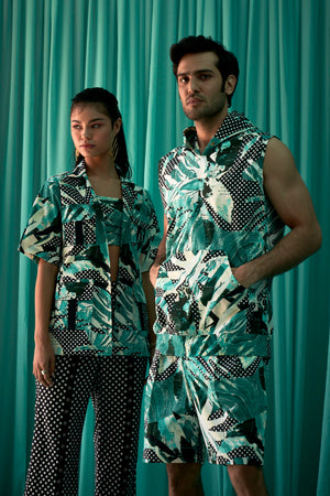 Green Tropical Flora Print Hoodie Shorts Men's Set