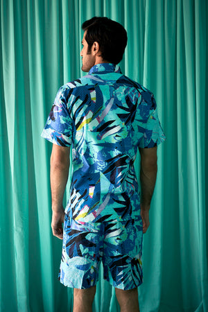 Blue Tropical Flora Print Men's Shirt + Shorts Set