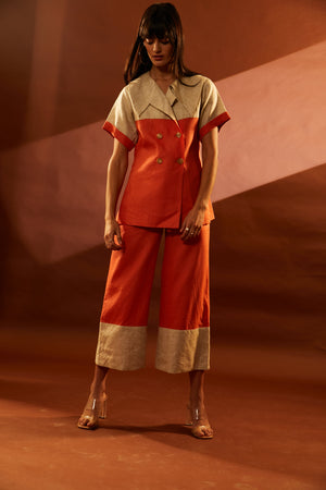 Beige Linen and Orange Linen Colour Block Set pant suit