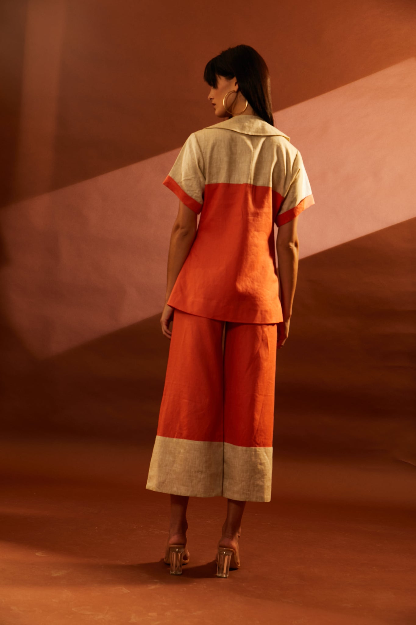 Beige Linen and Orange Linen Colour Block Set pant suit