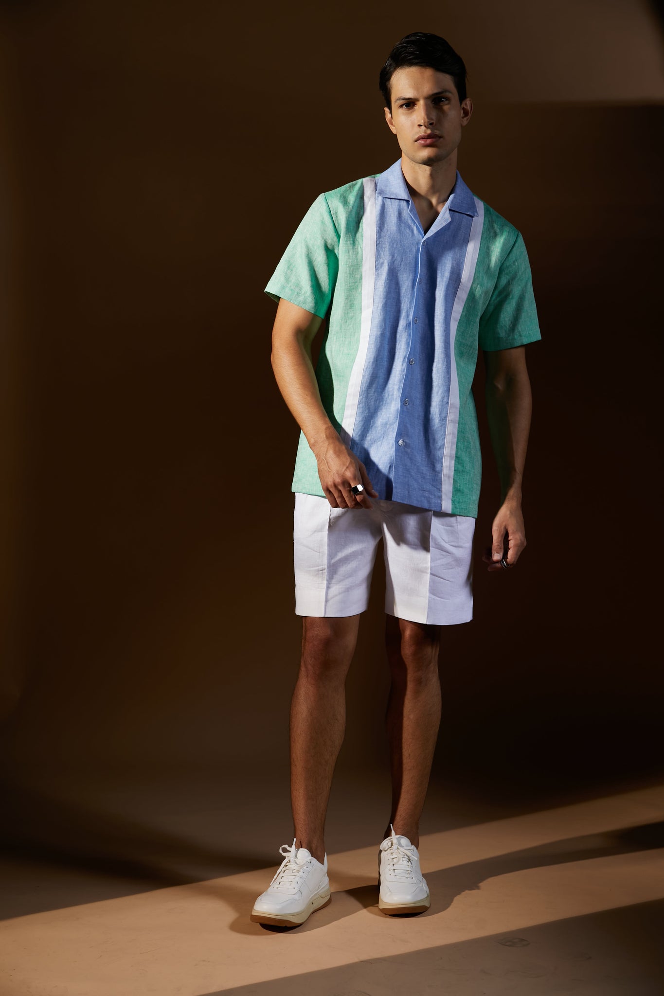 Tri-Colour Panelled Linen Shirt cord set