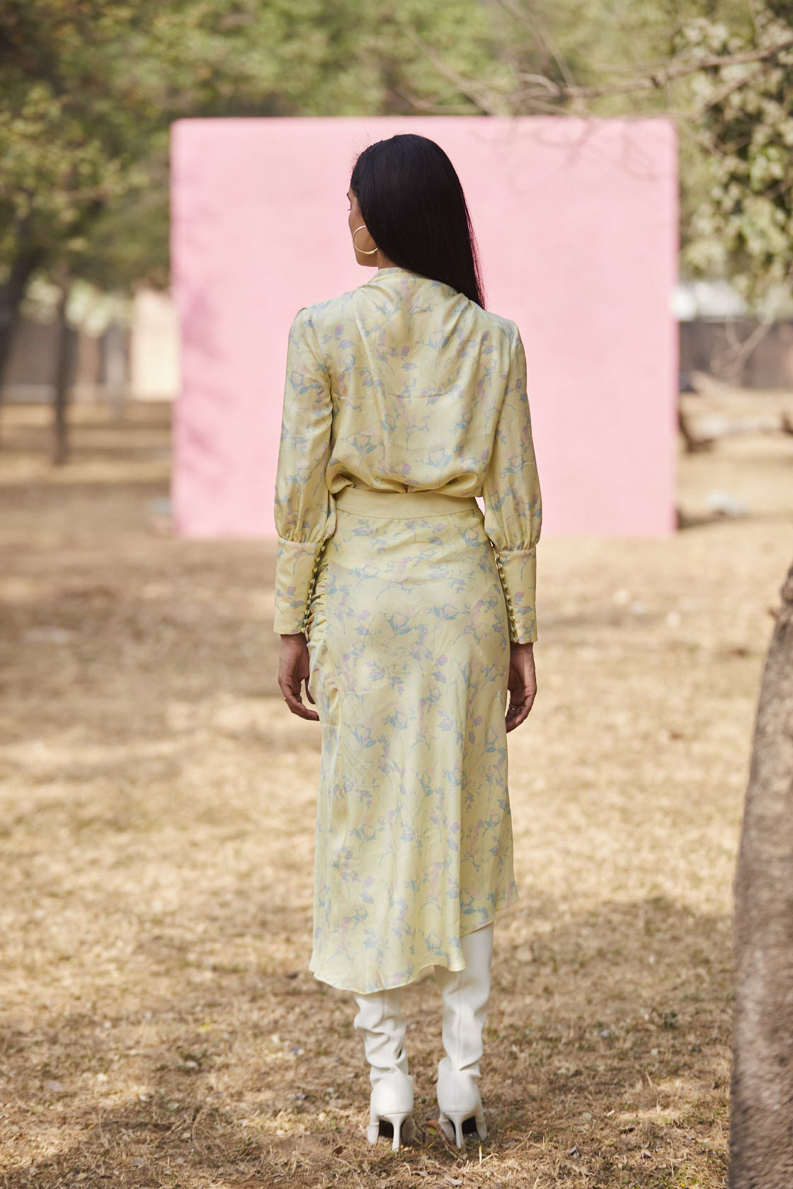 Printed Lemon Cowl-Neck Top + Side Pleated Skirt