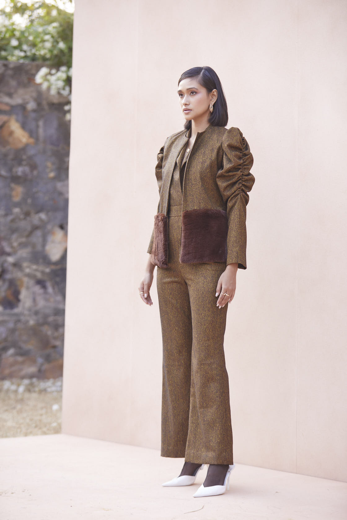 Brown Puff Sleeves Jumpsuit + Cut Sleeve Jacket with Fur – Mero Studio