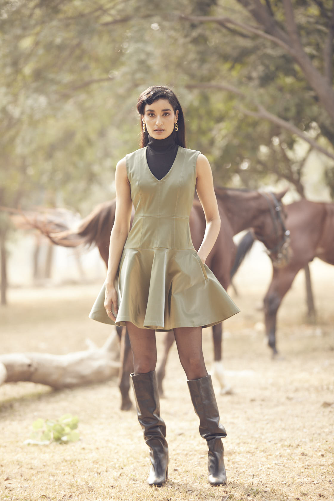 Olive Green Leather Dress