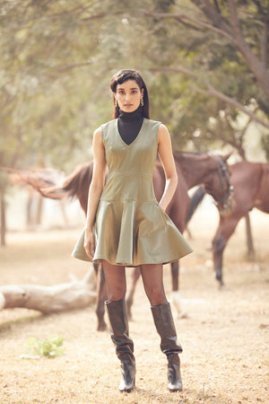 Olive Green Leather Dress