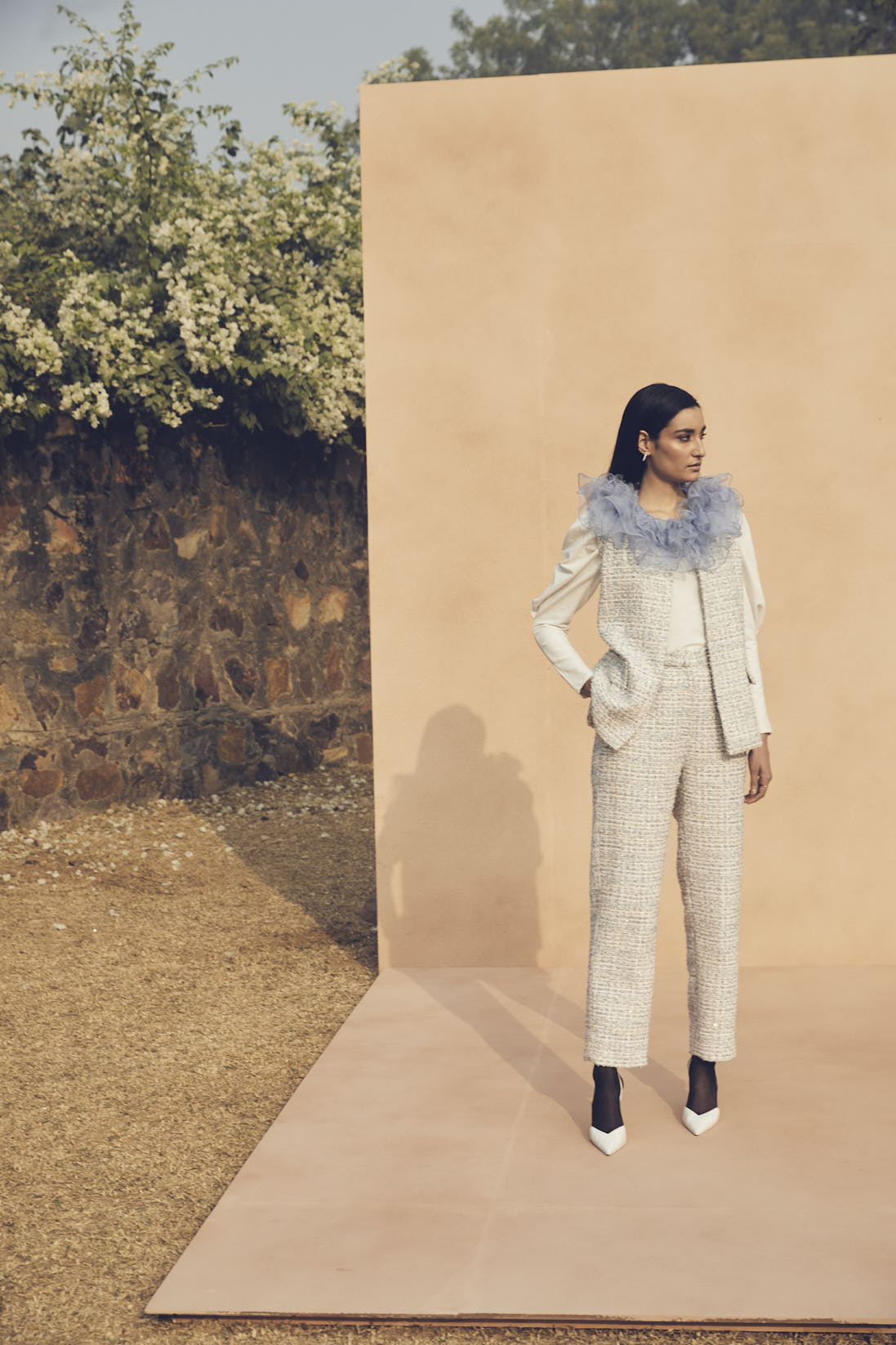 Blush Blue Tweed Coat with Frill Collars