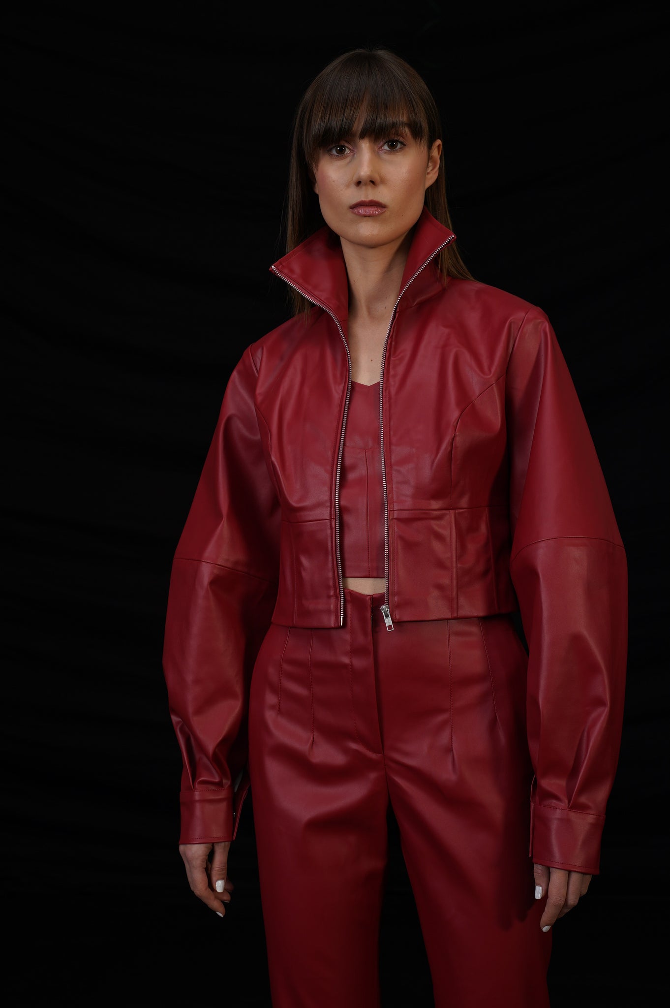Red Faux Leather Jacket Set