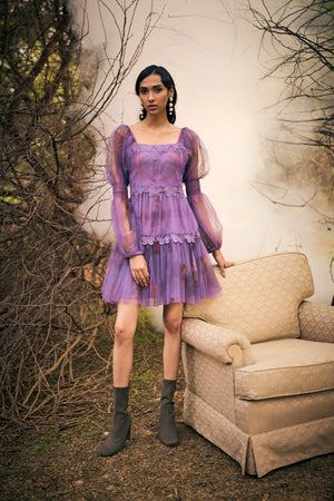 Purple Aglais Print Net Dress