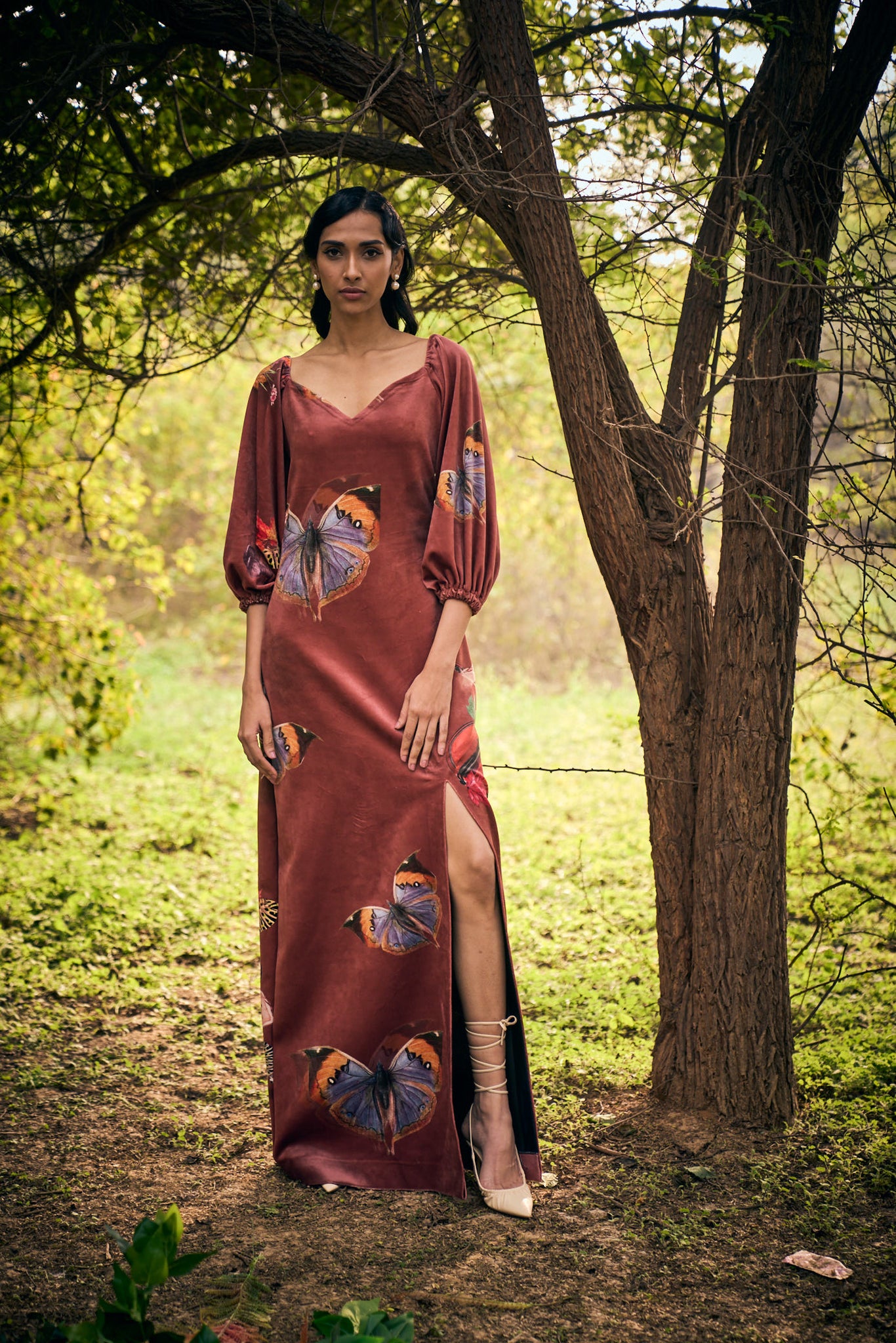 Brown Printed Velvet Dress