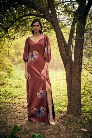 Brown Printed Velvet Dress