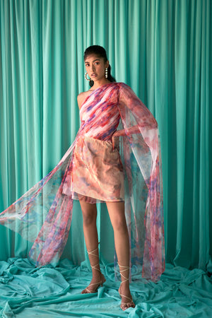 Pink Net Coral Print Dress