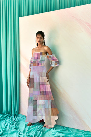 Tint and Tone Colour Print Draped Sleeves Long Dress